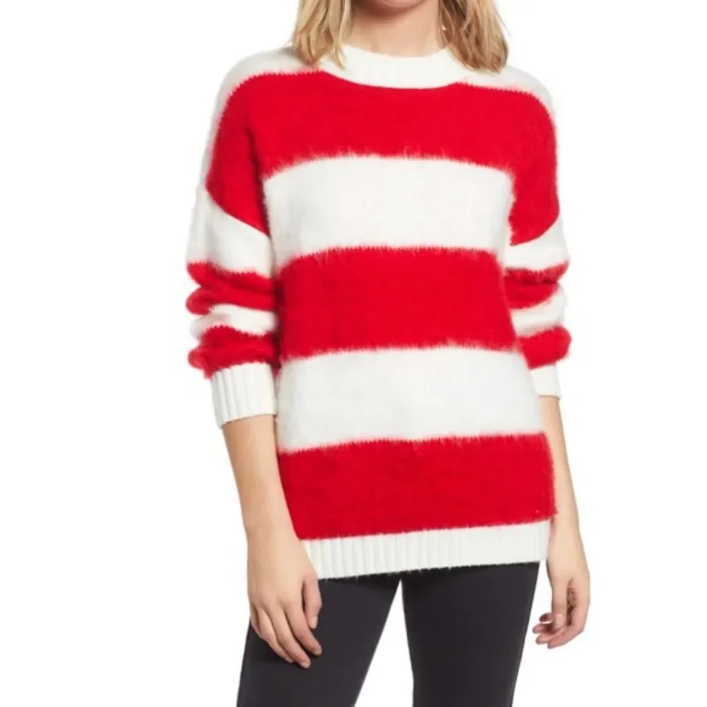 BP Oversize Brushed Pullover Red Ivory Striped XS